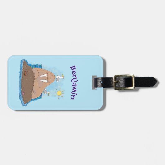 おもしろいhappy walrus cartoonイラストレーション ラゲッジタグ (正面横)
