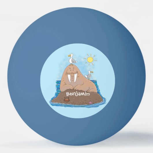 おもしろいhappy walrus cartoonイラストレーション 卓球ボール (正面)