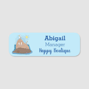 おもしろいhappy walrus cartoonイラストレーション 名札
