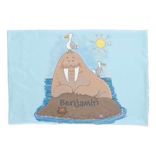 おもしろいhappy walrus cartoonイラストレーション 枕カバー (正面)