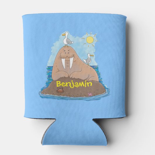 おもしろいhappy walrus cartoonイラストレーション 缶クーラー (裏面)