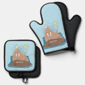 おもしろいhappy walrus cartoonイラストレーション 鍋つかみ&鍋敷きセット (正面/裏面)