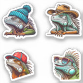 おもしろいIguana Cartoon Art 4パックシール シール (正面)