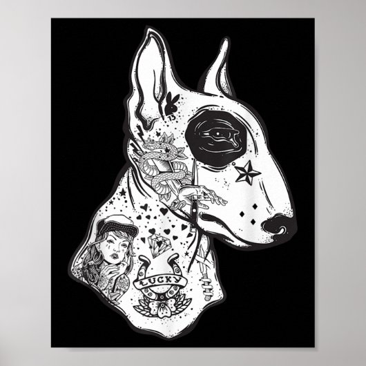 おもしろいInked Bull Terrier Old School Tattoo Dog Lov ポスター (正面)
