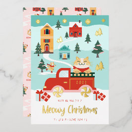 おもしろいMeowy Cat & Red Truck Winter Town Scene 箔シーズンカード