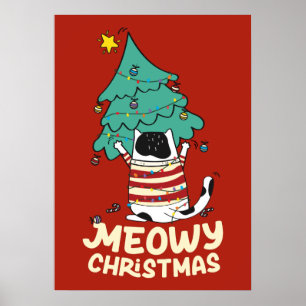 おもしろいMeowy Christmas Grumpy Tuxedo Catクリスマスツリー ポスター