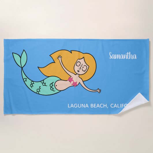 おもしろいMermaid名前をカスタムする、場所と色 ビーチタオル (正面)