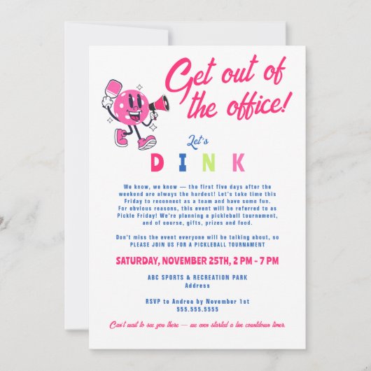 おもしろいOffice Team Builing Logo Cartoon Pickleball 招待状 (正面)