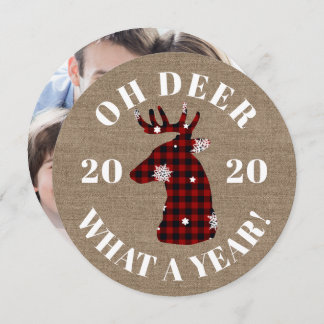 おもしろいOh Deer 2020 Plaid Burlap Photo シーズンカード