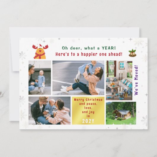 おもしろいRudolph Oh Deer引っ越しました5枚の写真モダン シーズンカード (正面)