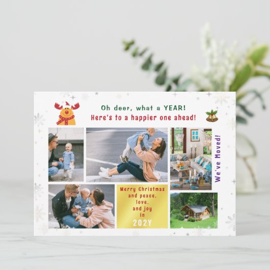 おもしろいRudolph Oh Deer引っ越しました5枚の写真モダン シーズンカード (スタンド正面)
