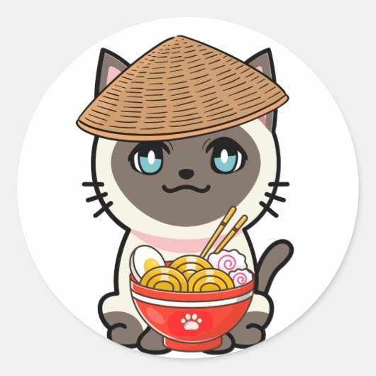 おもしろいsiamese catは食べ物麺 ラウンドシール (正面)