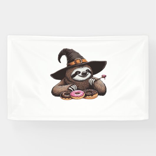 おもしろいSloth in Witch Hatドーナツを楽しむ – Cute Ha 横断幕 (横)