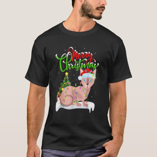 おもしろいSphynx猫クリスマス照明Sphynx猫クリスチム Tシャツ (正面)