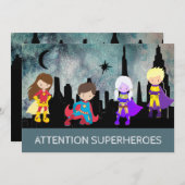 *~*おもしろいSUPERHEROS子供の誕生日パーティー 招待状 (正面/裏面)