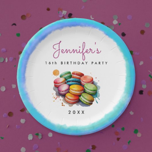 おもしろいSweet sixteenカラフルブルーマカロンウォーター色 ペーパープレート