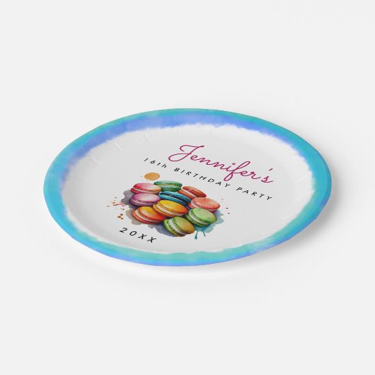 おもしろいSweet sixteenカラフルブルーマカロンウォーター色 ペーパープレート (アングル)