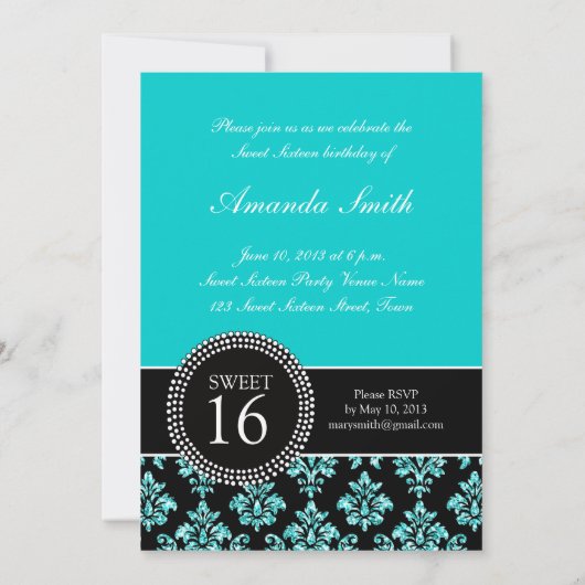 おもしろいSWEET SIXTEEN,ティール(緑がかった色)グリッター,ダマスク 招待状 (裏面)
