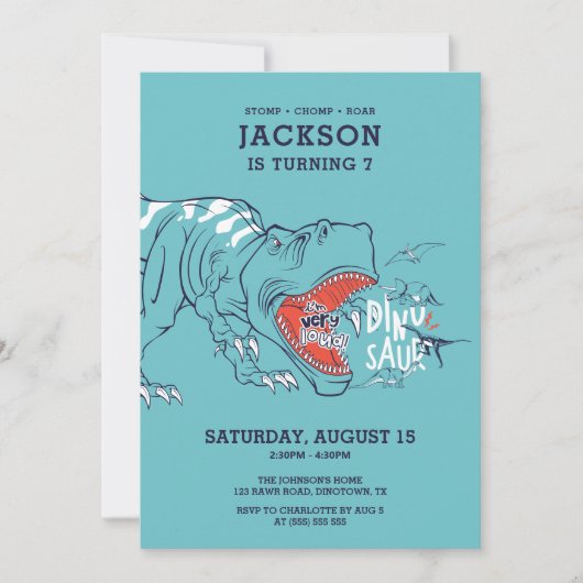 おもしろいTレックス恐竜子供の誕生日パーティー 招待状 (正面)