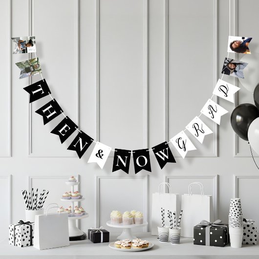 おもしろいThen & Now Grad Photo Collage卒業パーティー バンティングフラッグ