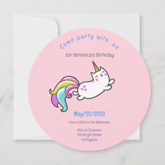 おもしろいunicorn cat誕生日パーティー 招待状 (正面)