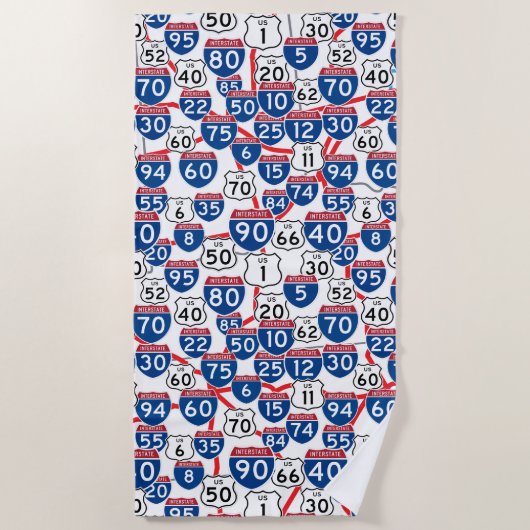 おもしろいUSハイウェイシンボルや象徴とマップランダムパターン ビーチタオル (正面)