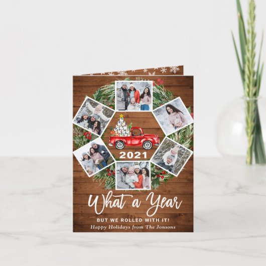 おもしろいWhat a Year Christmas Red Truck 6写真 シーズンカード (正面)