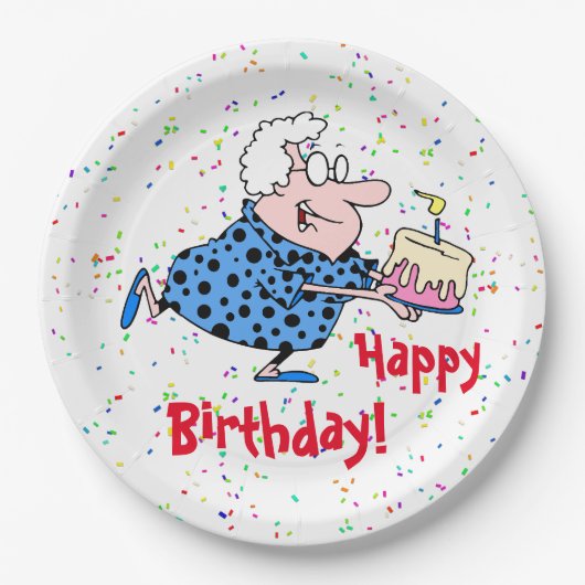 おもしろおばあちゃんのお誕生日ケーキパーティー紙 ペーパープレート (正面)