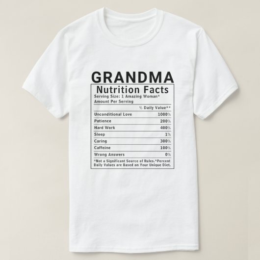 おもしろおばあちゃんの栄養成分表示 母の日ギフト Tシャツ (デザイン正面)