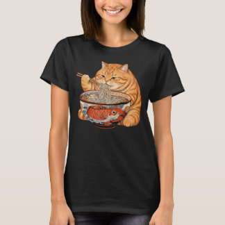 おもしろオレンジ色のデブ猫がラーメンを食べる Tシャツ