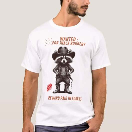 おもしろカウボーイ・アライグマTシャツ – スナック強盗として指名手配 Tシャツ (正面)