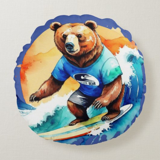 おもしろクマサーフィンTシャツ ラウンドクッション (正面)