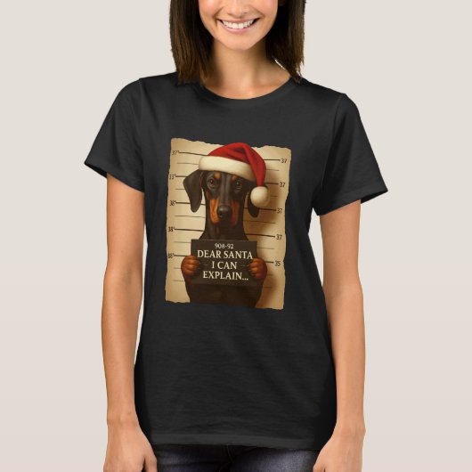 おもしろクリスマス犬 - かわいいドーベルマンサンタ帽Tシャツ Tシャツ (正面)