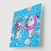 おもしろサメの海中サンゴパーティウクレレ スクエア壁時計 (傾斜)