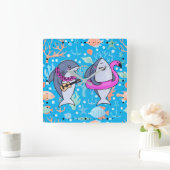 おもしろサメの海中サンゴパーティウクレレ スクエア壁時計 (ホーム)