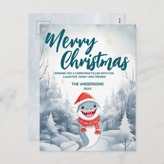 おもしろサメ メリークリスマス ツリー 雪 ホリデーパーティ シーズンポストカード (正面/裏面)