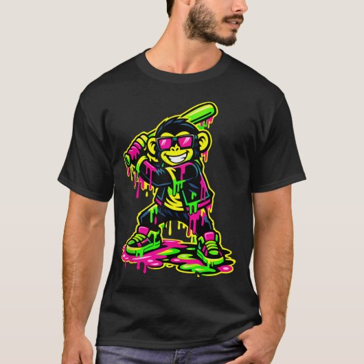 おもしろサル動物野球ドリップジュニア男の子 Tシャツ (正面)