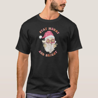 おもしろサンタ+メリーでいて+明るくいて+ヒッピー+クリスマス Tシャツ
