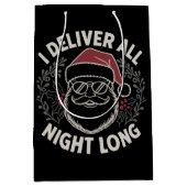 おもしろサンタ 私は一晩中プレゼントを配達する クリスマスホリデー ミディアムペーパーバッグ (正面)