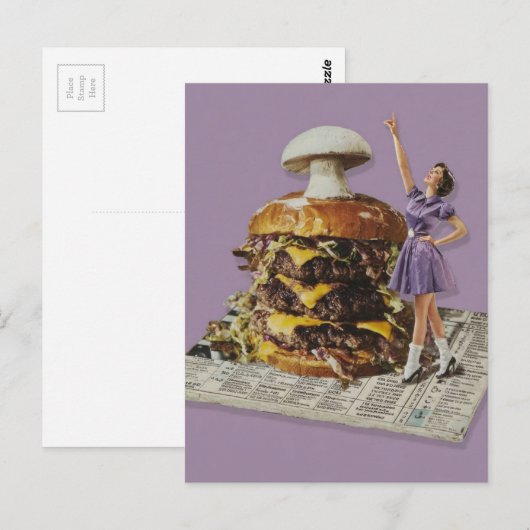 おもしろチーズバーガー+キノコ+応援する女性+コラージュ ポストカード (正面/裏面)