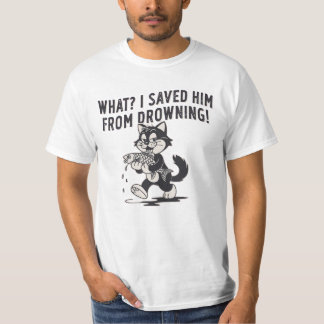 おもしろネコ 溺れる彼を救ったTシャツ - ダークユーモア Tシャツ