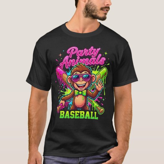 おもしろパーティーモンキーボウタイ動物野球 Tシャツ (正面)
