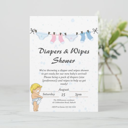 おもしろベビーおむつとワイプス シャワー招待状 招待状 (スタンド正面)