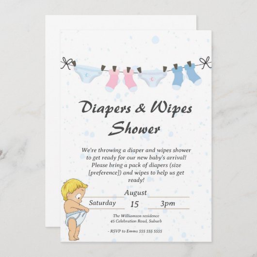 おもしろベビーおむつとワイプス シャワー招待状 招待状 (正面/裏面)