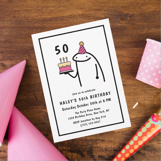 おもしろミームシンプルな黒と白の50歳の誕生日 招待状