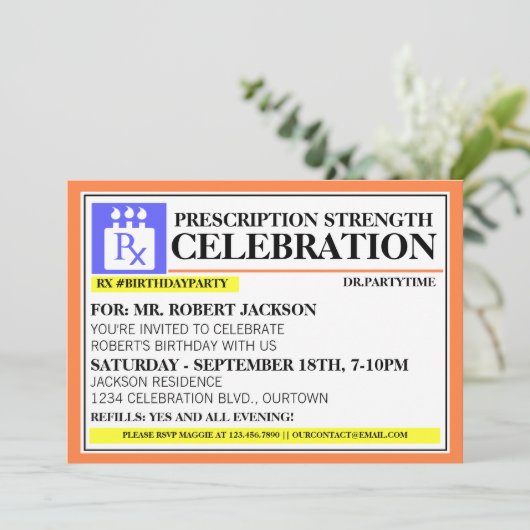 おもしろ処方箋ラベル誕生日パーティー 招待状 (スタンド正面)