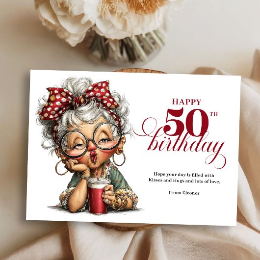 おもしろ可愛いおばさん 50歳の誕生日 カートゥーン ユーモアカード 招待状