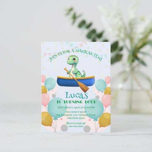 おもしろ恐竜カヤック誕生日パーティーDIY名前 ポストカード (スタンド正面)