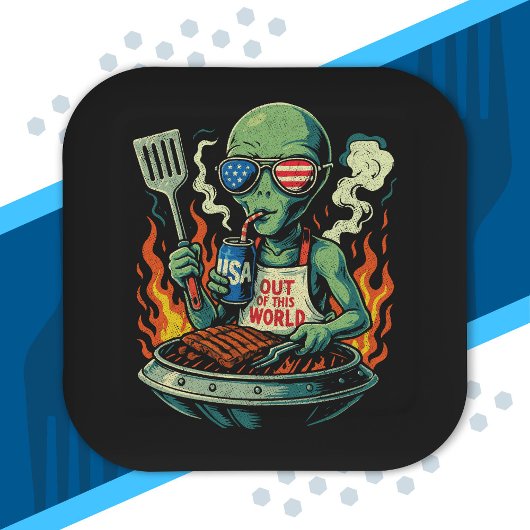 おもしろ愛国宇宙人バーベキュー アメリカン+レトロ+BBQ ペーパープレート