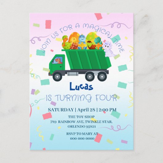 おもしろ赤ちゃん恐竜ゴミ収集車 誕生日 名前 ポストカード (正面)